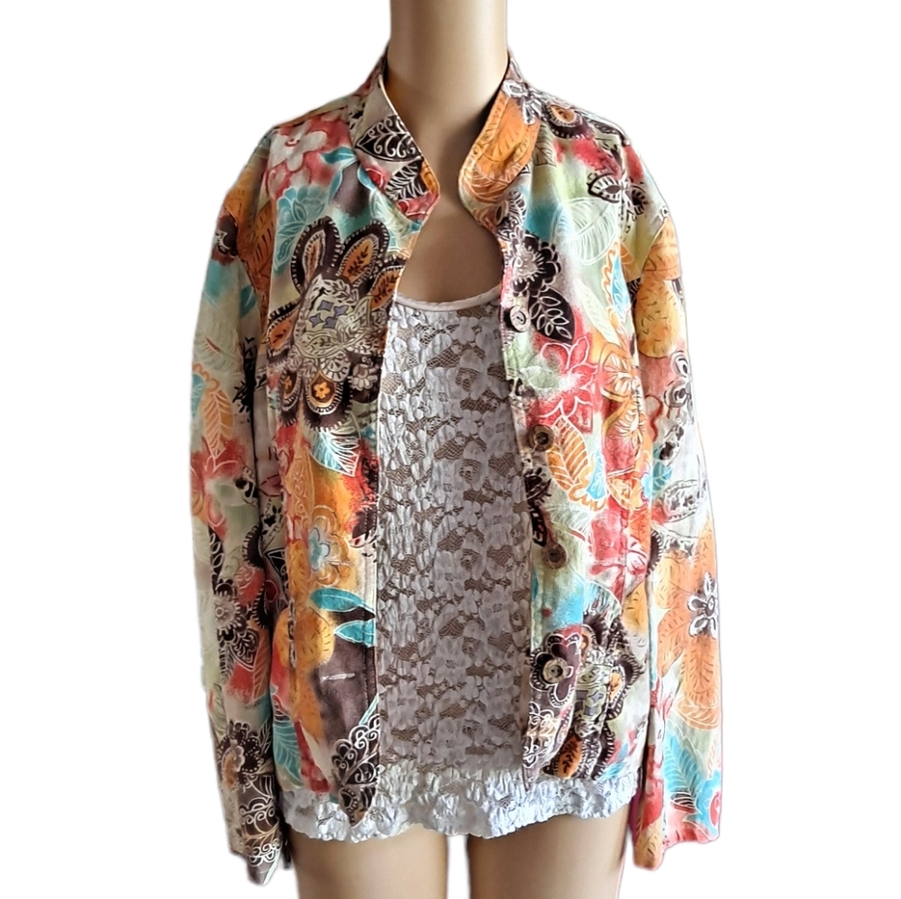 Coldwater Creek darted floral earth tone Mandarin Collar boho jacket
